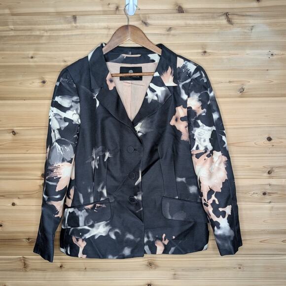 Rene Lange Jacket Womens 14 Black Pink Watercolor Blazer Silk/ Wool - Picture 1 of 9